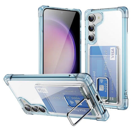 For Samsung Galaxy S23 Case Reinforced Corners TPU + Acrylic Phone Cover with Kickstand Card Holder - Transparent Blue