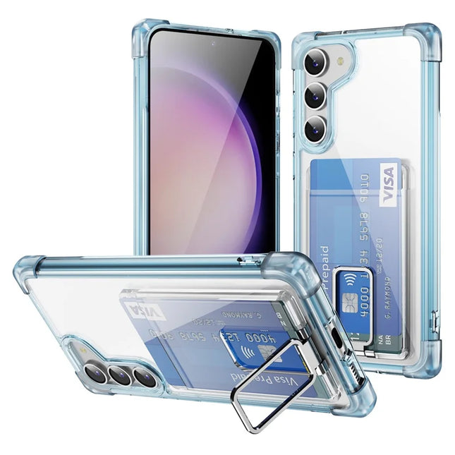 For Samsung Galaxy S23 Case Reinforced Corners TPU + Acrylic Phone Cover with Kickstand Card Holder - Transparent Blue