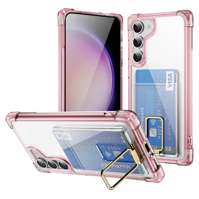 For Samsung Galaxy S23 Case Reinforced Corners TPU + Acrylic Phone Cover with Kickstand Card Holder - Transparent Pink