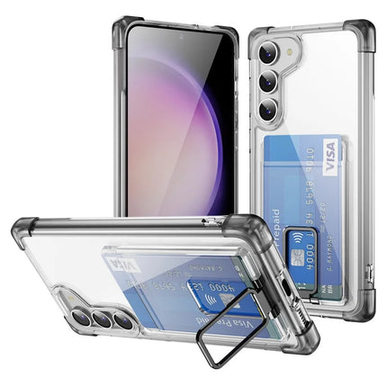 For Samsung Galaxy S23 Case Reinforced Corners TPU + Acrylic Phone Cover with Kickstand Card Holder - Transparent Black