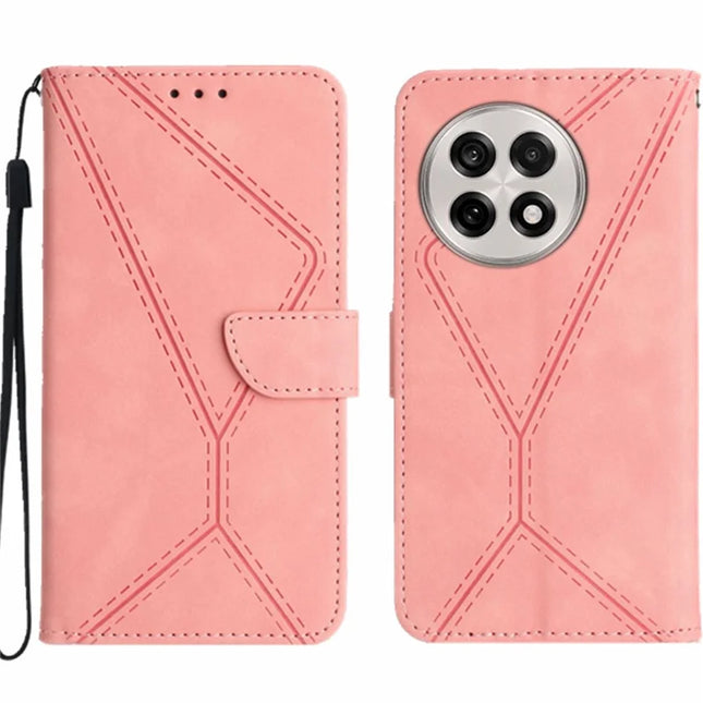 For OnePlus 13 Case Skin Touch Lines Imprinted PU Leather Flip Phone Cover - Pink