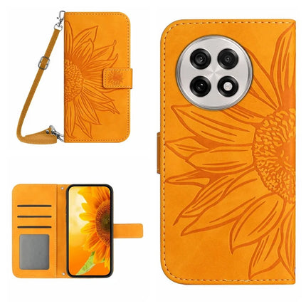 For OnePlus 13 Case Sunflower Imprint PU Leather Phone Cover with Long Strap - Yellow