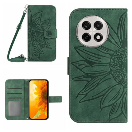 For OnePlus 13 Case Sunflower Imprint PU Leather Phone Cover with Long Strap - Blackish Green