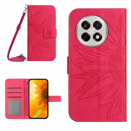 For OnePlus 13 Case Sunflower Imprint PU Leather Phone Cover with Long Strap - Rose