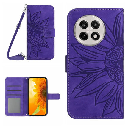 For OnePlus 13 Case Sunflower Imprint PU Leather Phone Cover with Long Strap - Dark Purple