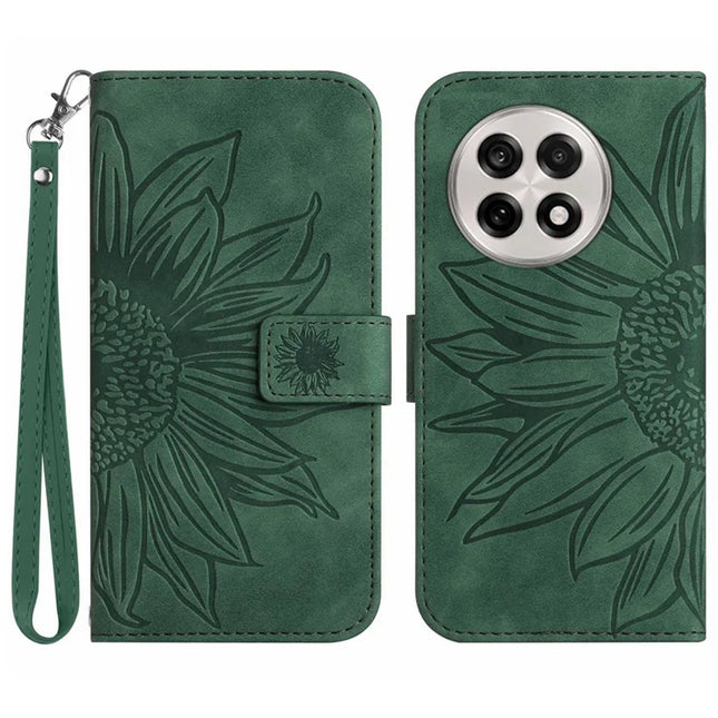 For OnePlus 13 Case Sunflower Imprint Leather Wallet Phone Cover with Wrist Strap - Dark Green