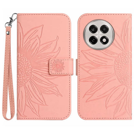For OnePlus 13 Case Sunflower Imprint Leather Wallet Phone Cover with Wrist Strap - Light Pink