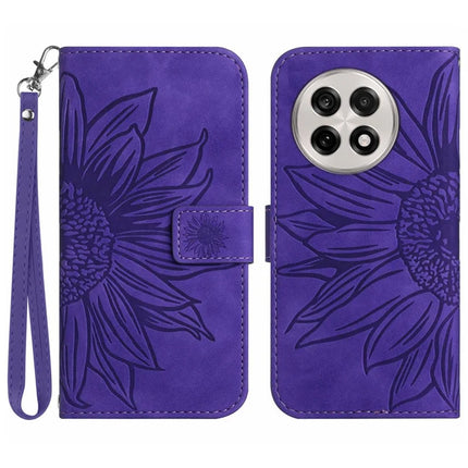 For OnePlus 13 Case Sunflower Imprint Leather Wallet Phone Cover with Wrist Strap - Dark Purple