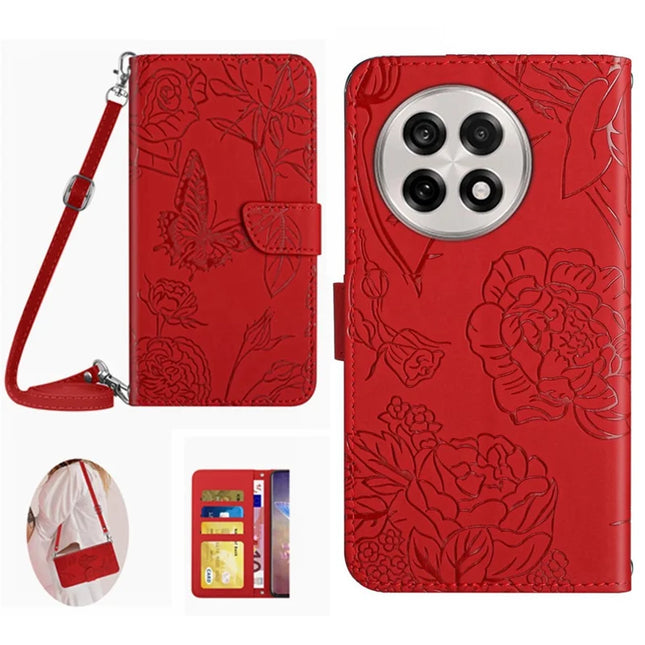 For OnePlus 13 Case Butterfly Flower Imprint Leather Phone Cover with Shoulder Strap - Red