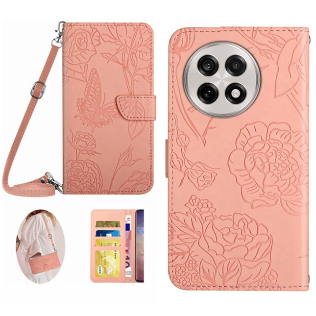 For OnePlus 13 Case Butterfly Flower Imprint Leather Phone Cover with Shoulder Strap - Pink