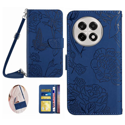 For OnePlus 13 Case Butterfly Flower Imprint Leather Phone Cover with Shoulder Strap - Blue