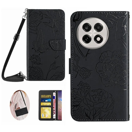 For OnePlus 13 Case Butterfly Flower Imprint Leather Phone Cover with Shoulder Strap - Black