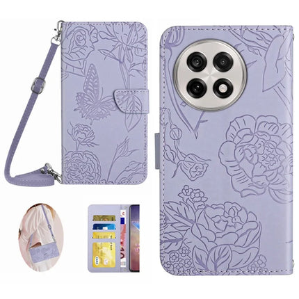 For OnePlus 13 Case Butterfly Flower Imprint Leather Phone Cover with Shoulder Strap - Purple
