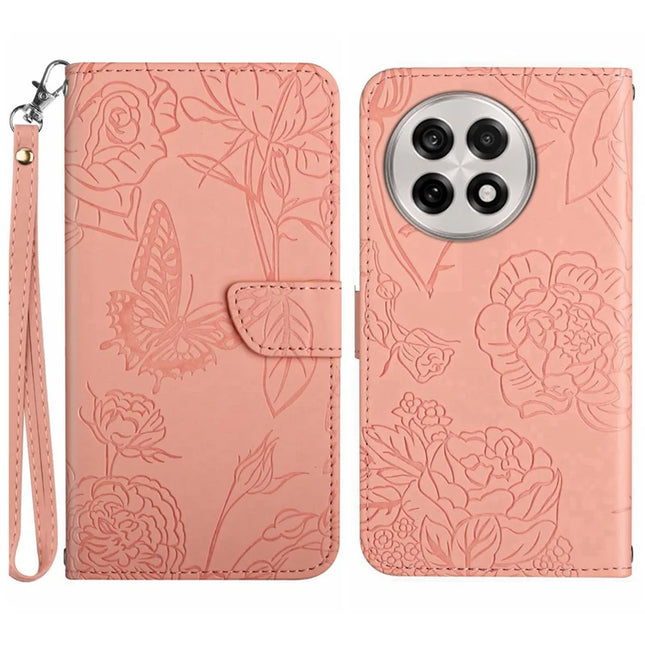 For OnePlus 13 Case Butterfly Flower Imprinted Leather Phone Cover with Strap - Pink