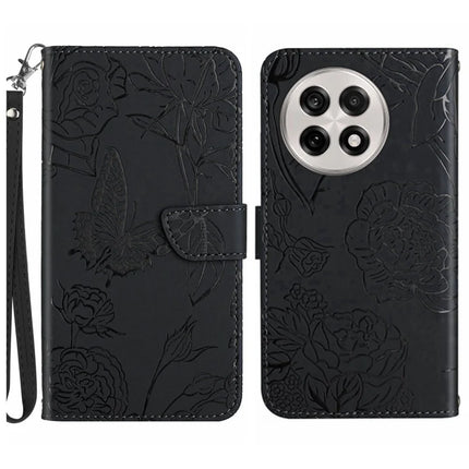 For OnePlus 13 Case Butterfly Flower Imprinted Leather Phone Cover with Strap - Black