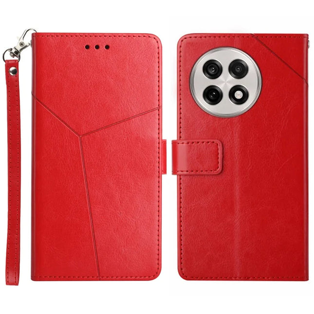 For OnePlus 13 Case Y Shaped Lines Imprint Leather Phone Cover - Red