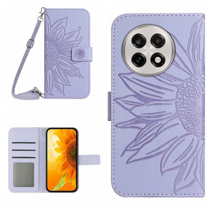 For OnePlus 13R 5G Case Sunflower Imprint PU Leather Phone Cover with Long Strap - Light Purple