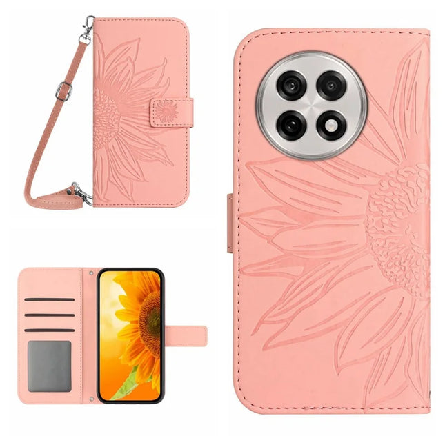 For OnePlus 13R 5G Case Sunflower Imprint PU Leather Phone Cover with Long Strap - Light Pink