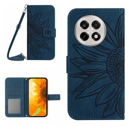 For OnePlus 13R 5G Case Sunflower Imprint PU Leather Phone Cover with Long Strap - Dark Blue