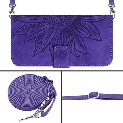 For OnePlus 13R 5G Case Sunflower Imprint PU Leather Phone Cover with Long Strap