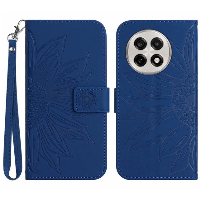 For OnePlus 13R 5G Case Sunflower Imprint Leather Wallet Phone Cover with Wrist Strap - Sapphire
