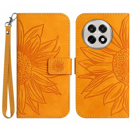 For OnePlus 13R 5G Case Sunflower Imprint Leather Wallet Phone Cover with Wrist Strap - Yellow