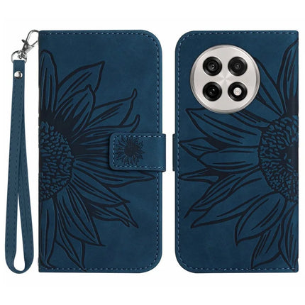For OnePlus 13R 5G Case Sunflower Imprint Leather Wallet Phone Cover with Wrist Strap - Dark Blue