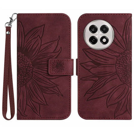 For OnePlus 13R 5G Case Sunflower Imprint Leather Wallet Phone Cover with Wrist Strap - Wine Red