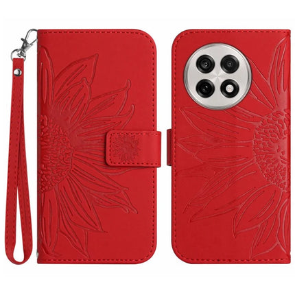 For OnePlus 13R 5G Case Sunflower Imprint Leather Wallet Phone Cover with Wrist Strap - Red