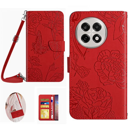 For OnePlus 13R 5G Case Butterfly Flower Imprint Leather Phone Cover with Shoulder Strap - Red