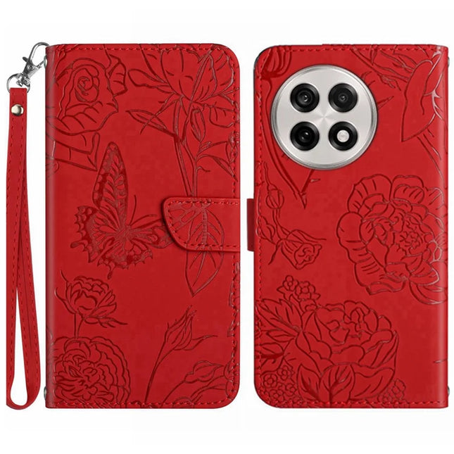 For OnePlus 13R 5G Case Butterfly Flower Imprinted Leather Phone Cover with Strap - Red