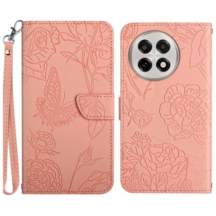For OnePlus 13R 5G Case Butterfly Flower Imprinted Leather Phone Cover with Strap - Pink