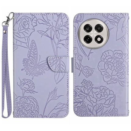 For OnePlus 13R 5G Case Butterfly Flower Imprinted Leather Phone Cover with Strap - Purple