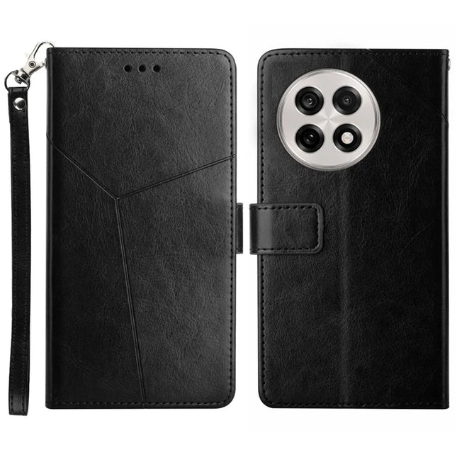For OnePlus 13R 5G Case Y Shaped Lines Imprint Leather Phone Cover - Black