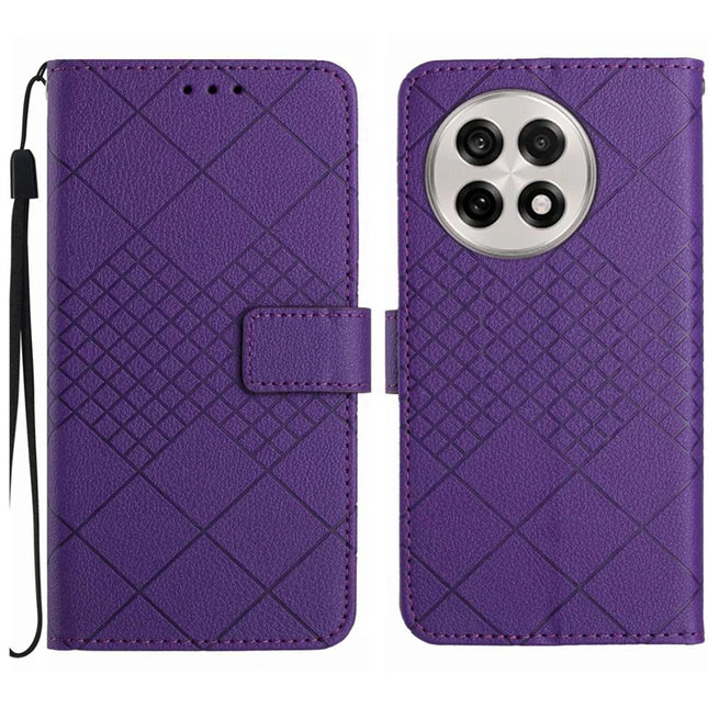 For OnePlus 13R 5G Wallet Phone Case Imprint PU Leather Flip Folio Cover - Dar Purple