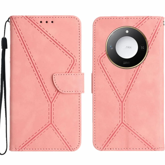 For Honor X9c Smart 5G Case Skin Touch Lines Imprinted PU Leather Flip Phone Cover - Pink