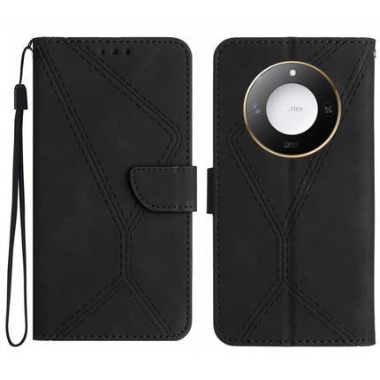 For Honor X9c Smart 5G Case Skin Touch Lines Imprinted PU Leather Flip Phone Cover - Black