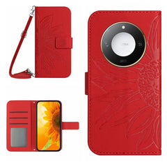 For Honor X9c Smart 5G Case Sunflower Imprint PU Leather Phone Cover with Long Strap - Red
