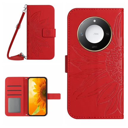 For Honor X9c Smart 5G Case Sunflower Imprint PU Leather Phone Cover with Long Strap - Red
