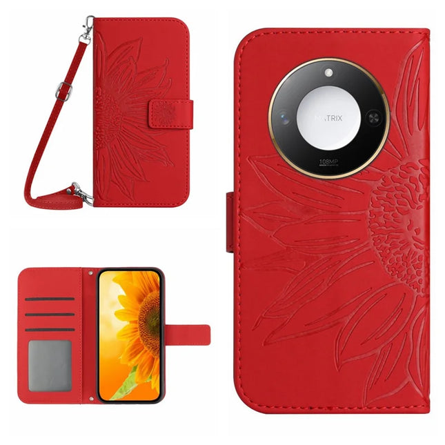 For Honor X9c Smart 5G Case Sunflower Imprint PU Leather Phone Cover with Long Strap - Red