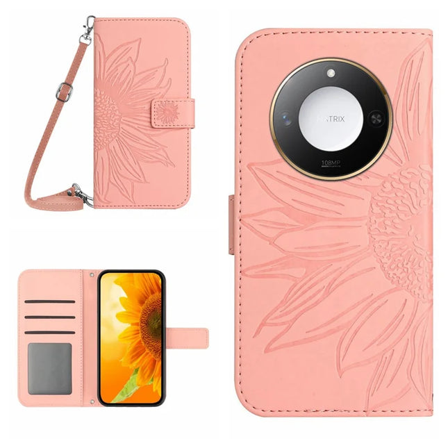 For Honor X9c Smart 5G Case Sunflower Imprint PU Leather Phone Cover with Long Strap - Pink