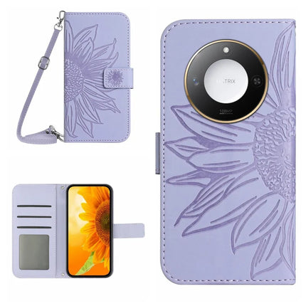 For Honor X9c Smart 5G Case Sunflower Imprint PU Leather Phone Cover with Long Strap - Light Purple