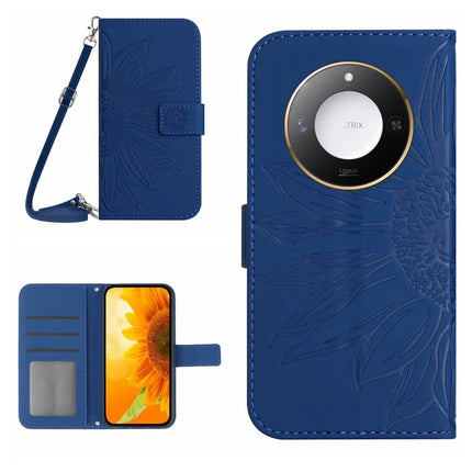 For Honor X9c Smart 5G Case Sunflower Imprint PU Leather Phone Cover with Long Strap - Sapphire