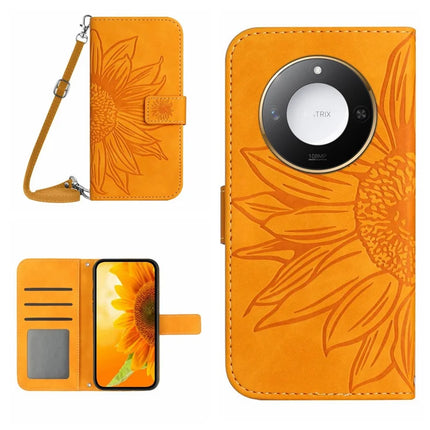 For Honor X9c Smart 5G Case Sunflower Imprint PU Leather Phone Cover with Long Strap - Yellow