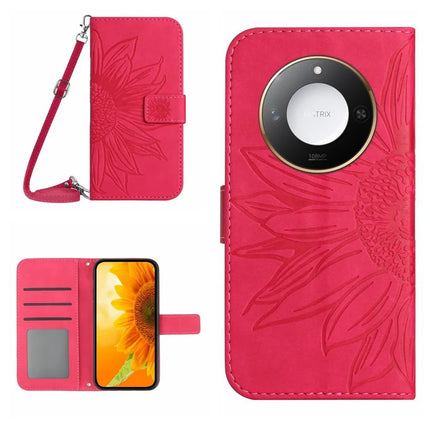 For Honor X9c Smart 5G Case Sunflower Imprint PU Leather Phone Cover with Long Strap - Rose