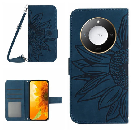 For Honor X9c Smart 5G Case Sunflower Imprint PU Leather Phone Cover with Long Strap - Dark Blue