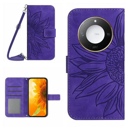 For Honor X9c Smart 5G Case Sunflower Imprint PU Leather Phone Cover with Long Strap - Dark Purple