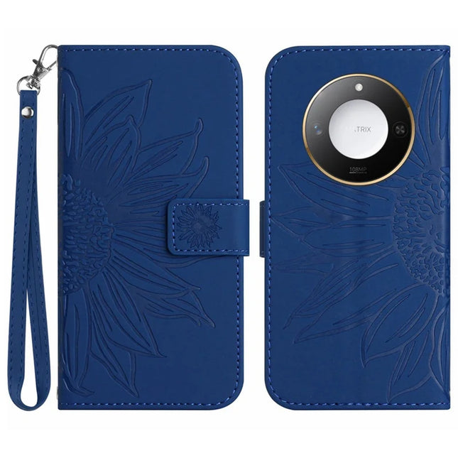 For Honor X9c Smart 5G Case Sunflower Imprint Leather Wallet Phone Cover with Wrist Strap - Sapphire
