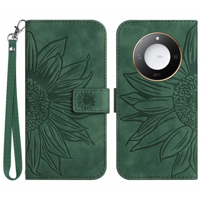 For Honor X9c Smart 5G Case Sunflower Imprint Leather Wallet Phone Cover with Wrist Strap - Dark Green