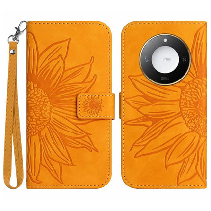 For Honor X9c Smart 5G Case Sunflower Imprint Leather Wallet Phone Cover with Wrist Strap - Yellow